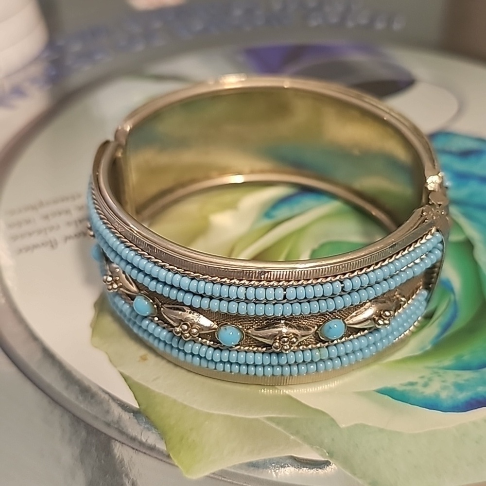 Vintage 1970's Beaded Boho Embossed Silver Hinged Bracelet